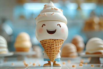 A 3D animated cartoon render of a smiling character holding a mochi ice cream cone.