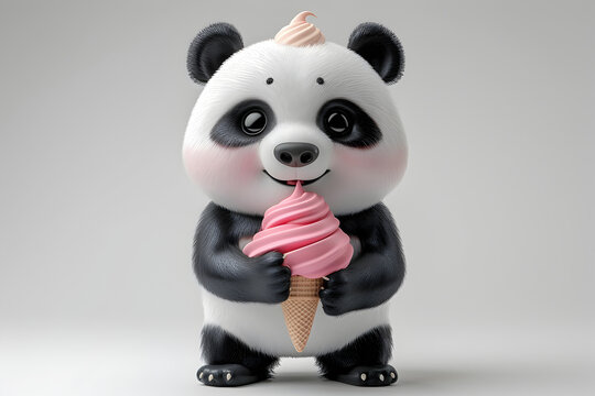 A 3D animated cartoon render of a cute panda enjoying a mochi ice cream treat.