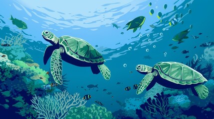 Illustration of sea turtles moving harmoniously through clear ocean waters, with coral formations and schools of fish creating a sense of underwater serenity.