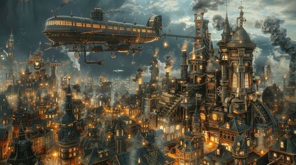 Airship glides over a densely packed city in a steampunk world.