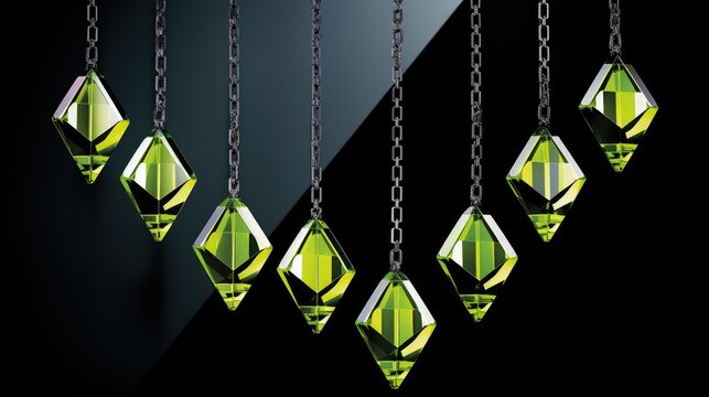 A sleek lineup of geometric emerald pendants dangling on chains, showcasing a mix of reflections and transparencies on a gradient background.