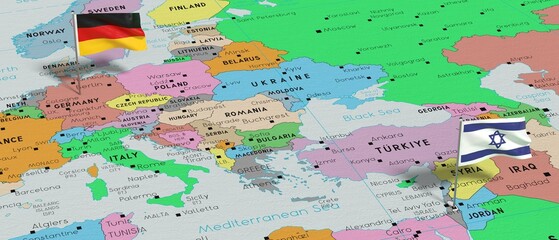 Germany and Israel - pin flags on political map - 3D illustration