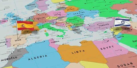 Obraz premium Spain and Israel - pin flags on political map - 3D illustration