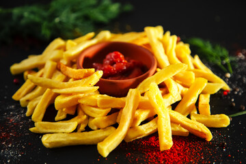 French fries with ketchup, herbs and spices on a black background.