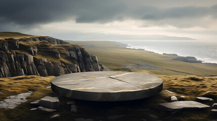 Stone round podium on the background of Irish rocks of the Irish nature mountain scenery. Product...