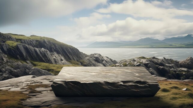 Stone podium on the background of Irish rocks of the Irish nature mountain scenery. Product placement. Generative AI	