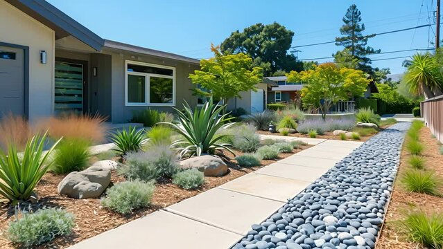 The front yard has been transformed into a droughtresistant landscape with lowmaintenance plants and rockscape design. A paved walkway leads to the front door creating a stylish