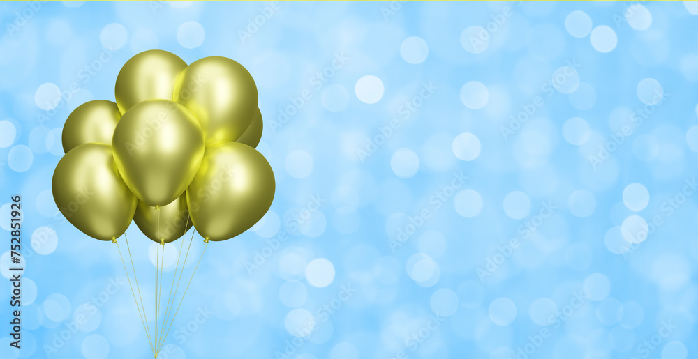 Poster bunch of gold balloons on blurred blue background. empty space for text. 3d rendering