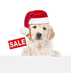 Cute Golden retriever puppy wearing santa hat shows signboard with labeled 