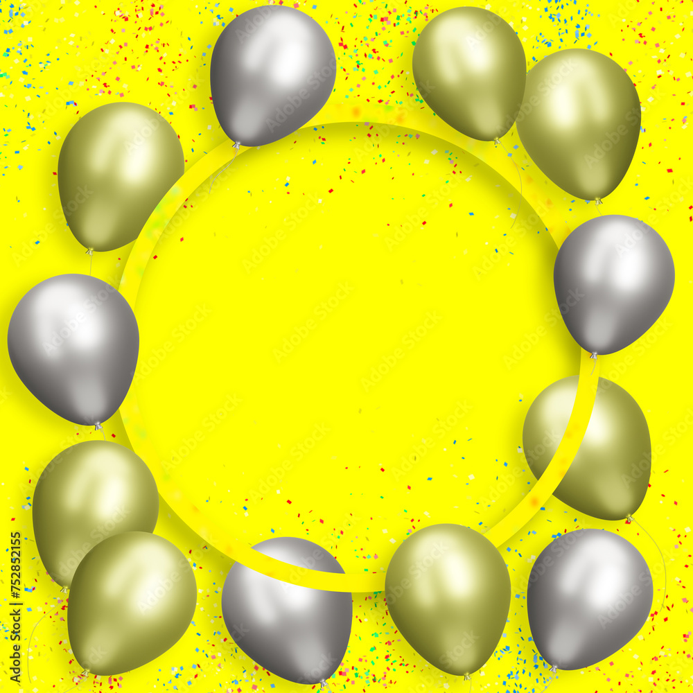 Aufkleber Golden frame with gold and silver balloons yellow background with confetti. Empty space for text. 3d rendering