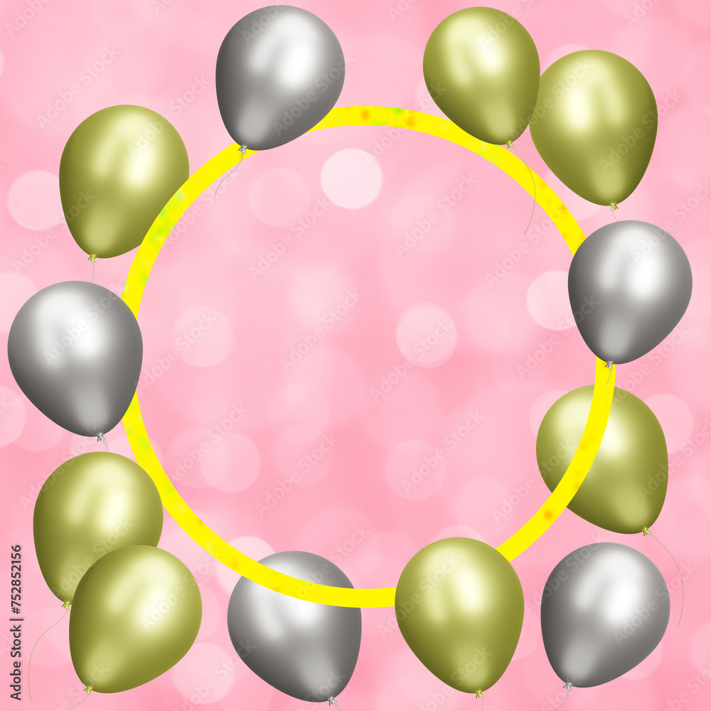 Poster Golden frame with gold and silver balloons on blurred pink background. Empty space for text. 3d rendering