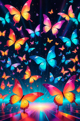 Mystical Butterflies with neon light and glowing stars on a in magical darkness.