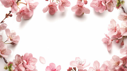  春の桜(さくら)の花の写真のコピースペースのある背景フレーム_白バック
