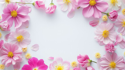 Fototapeta na wymiar カラフルでシンプルな春のお花、植物のコピースペースのある写真フレーム背景素材ピンク