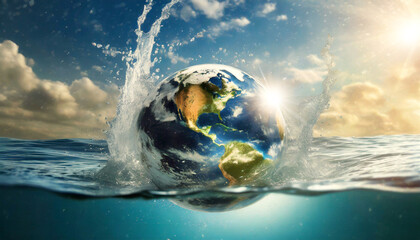 Close-up of a sinking earth globe with splashes in transparent sea water, in the background clear sky with white clouds and sunlight. Generative Ai.