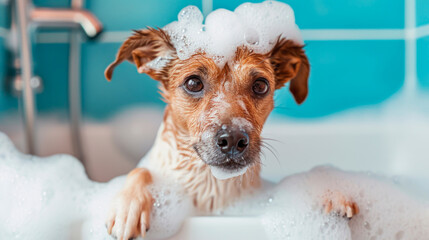 Wet dog in bathtub at home bathroom. Bathing of happy Nova Scotia Duck Tolling Retriever with foam soap on head.