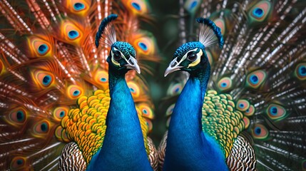 Obraz premium Two Peacocks Displaying Vibrant Feather Patterns Symmetrically