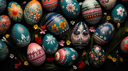 Elaborately painted Easter eggs in close-up with dark background, Generative AI - obrazy, fototapety, plakaty