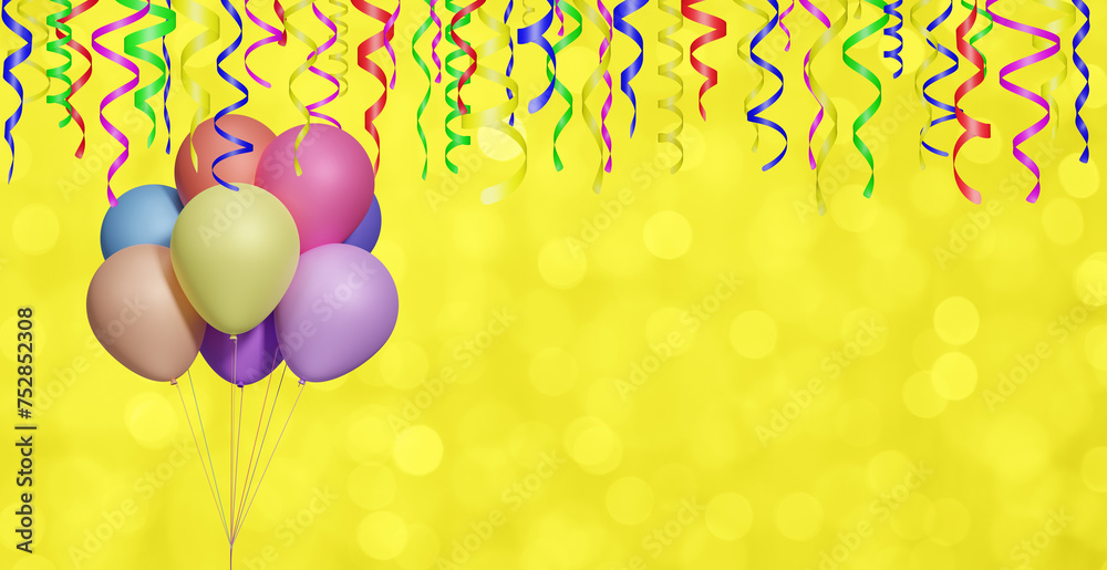 Poster Bunch of colorful balloons on blurred yellow background with different colored confetti and streamers for party time. Empty space for text. 3d rendering