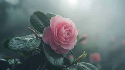 Spring time rose garden in the fog with sunlight near it, eroded surfaces, soft-focus portraits, adventure themed, monumental forms, close-up