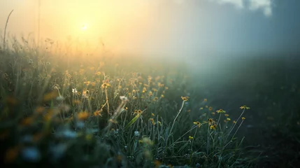 Poster Spring time daisy garden in the fog with sunlight near it, eroded surfaces, soft-focus portraits, adventure themed, monumental forms, close-up © Furkan