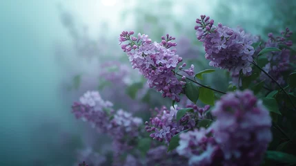 Fototapeten Spring time lilac garden in the fog with sunlight near it, eroded surfaces, soft-focus portraits, adventure themed, monumental forms, close-up  © Furkan