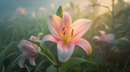 Fototapeta premium Spring time lily garden in the fog with sunlight near it, eroded surfaces, soft-focus portraits, adventure themed, monumental forms, close-up 