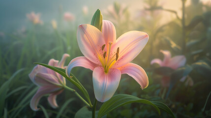 Spring time lily garden in the fog with sunlight near it, eroded surfaces, soft-focus portraits, adventure themed, monumental forms, close-up
