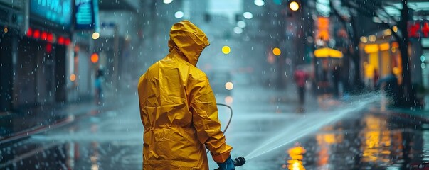 Power Washing City Streets in Rain with Protective Gear. Concept Power Washing, City Streets, Rain, Protective Gear