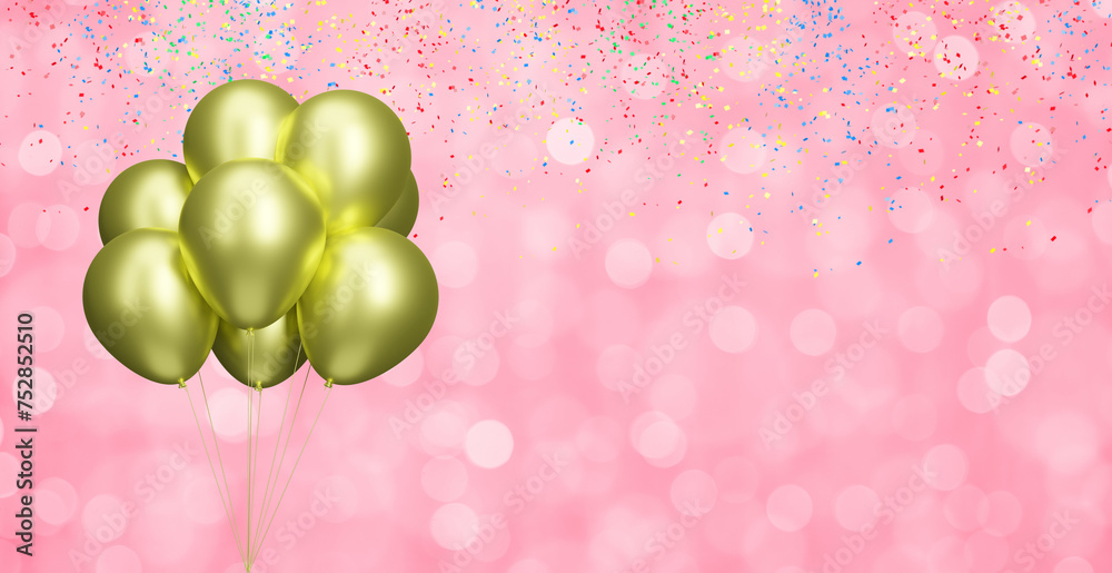 Aufkleber Bunch of gold balloons on blurred pink background with confetti. Empty space for text. 3d rendering