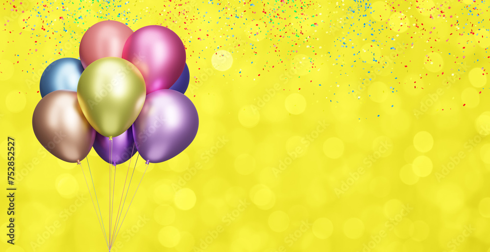 Aufkleber Bunch of shiny colorful balloons on blurred yellow background with confetti. Empty space for text. 3d rendering