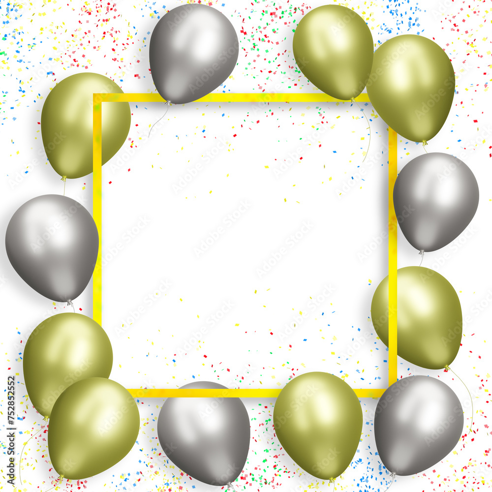 Aufkleber Golden frame with gold and silver balloons on white background with confetti. Empty space for text. 3d rendering