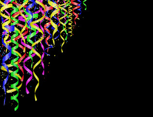 Holiday Curly colorful shiny streamer on black background. Hanging celebration carnival ribbons. Empty space for text