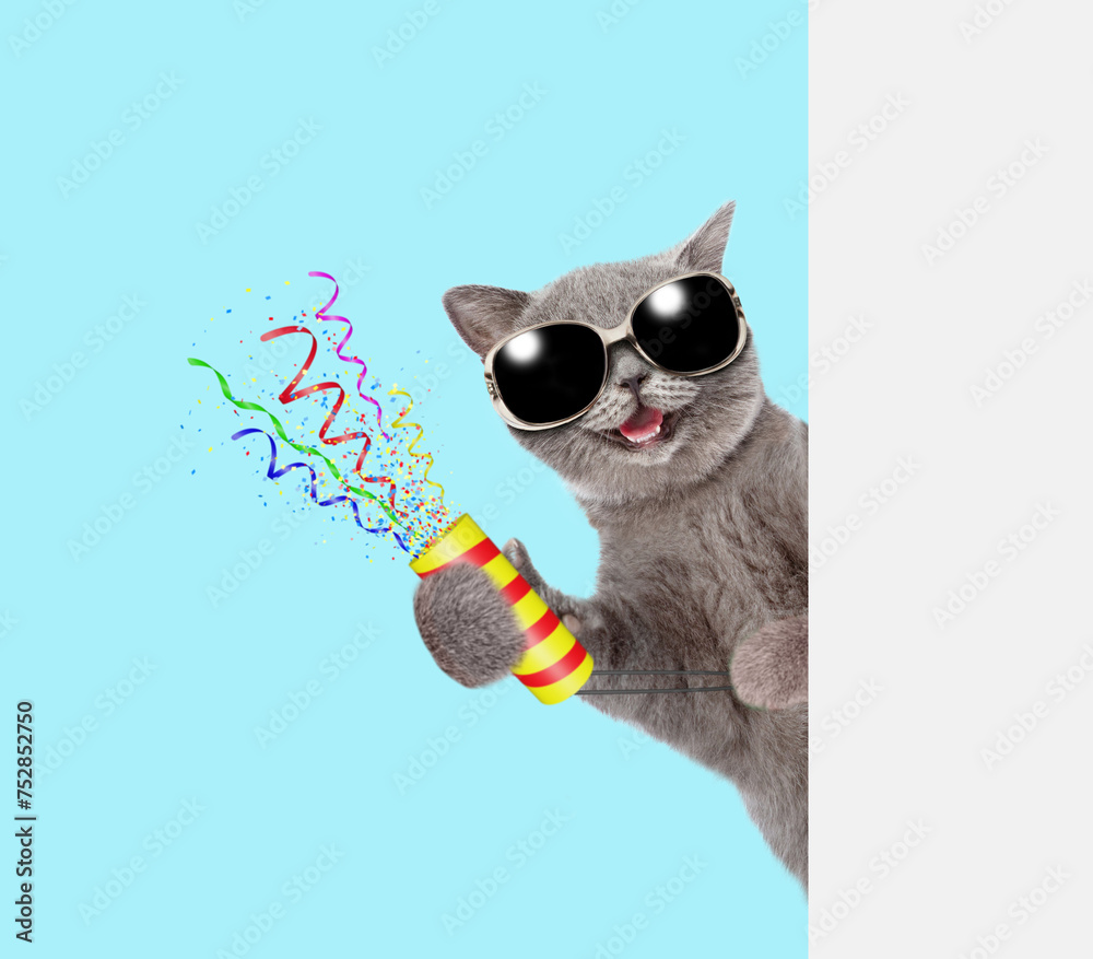 Poster Smiling cat wearing sunglasses holds exploding firecracker and looks from behind empty white banner. Isolated on blue background