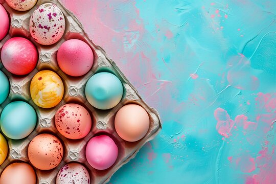Top view photo of A wonder vibrant egg carton filled with colorful Easter eggs on joy blue and pink textures background.