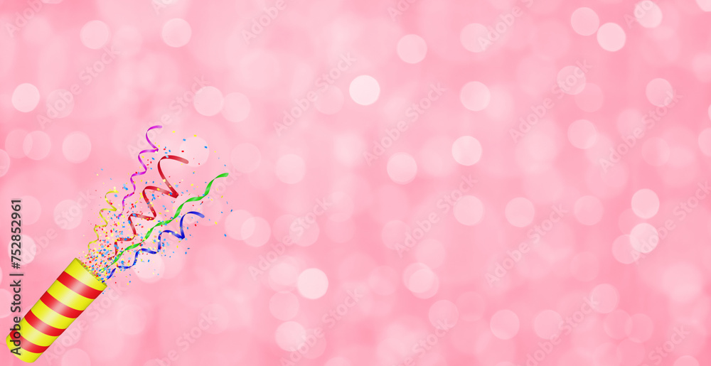 Aufkleber party popper with flying confetti. yellow and red firecracker explodes with serpentine. birthday and