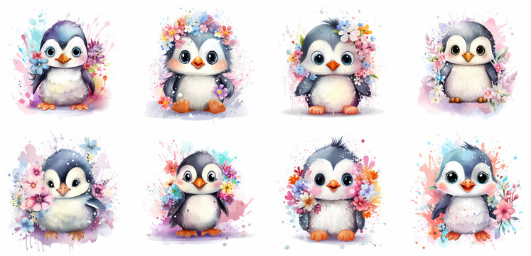 Set of cute penguin with flowers watercolor Clipart, isolated background, generatd ai