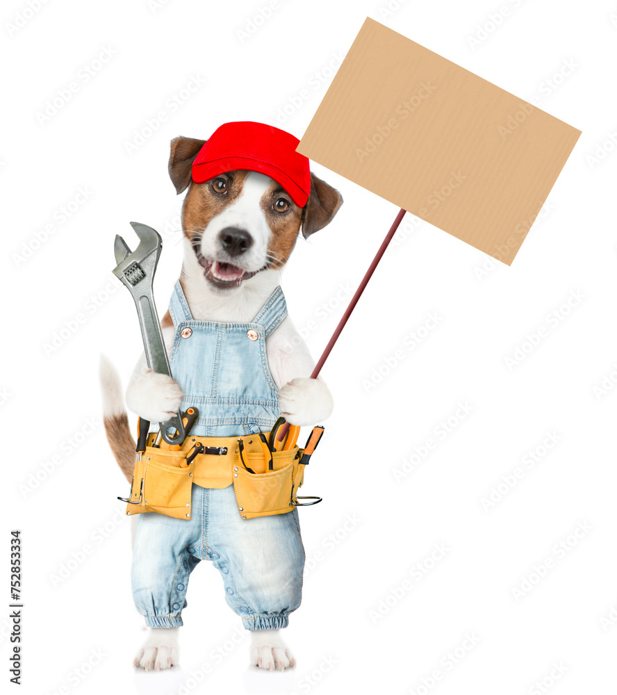 Poster funny jack russell terrier puppy wearing red cap and denim overalls with tool belt holds adjustable 