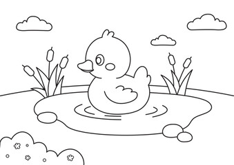 Duck in a Pond Hand Drawn Coloring Pages