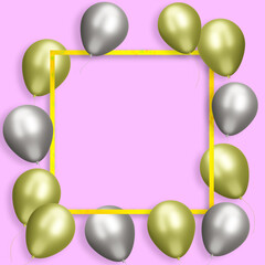 Golden frame with gold and silver balloons on pink background. Empty space for text. 3d rendering