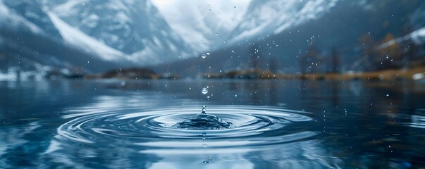 Reflective water droplet above serene lake captures light in snowy mountain landscape. Concept Nature, Water Reflection, Snowy Mountains, Serene Lake, Light Capturing - obrazy, fototapety, plakaty