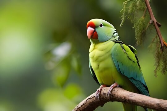 Ring-necked parakeet sits on a branch, nature photo Generative AI