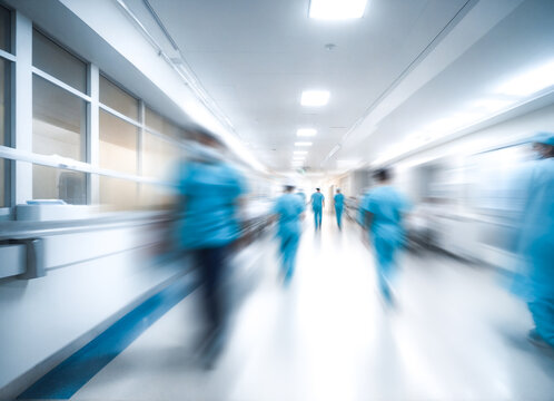pasillo de hospital con medicos y enfermeros corriendo para salvar vidas