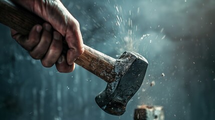 A hand wielding a hammer tries to hit a nail, captured with motion blur from an extreme low angle.