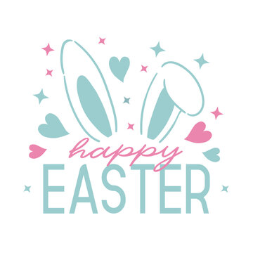 Cute easter lettering composition with rabbir ears and hearts in pink and blue colors