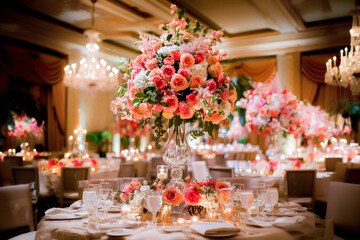 Elegant wedding reception table with floral centerpiece and warm candlelight creating a romantic setting for a celebration.