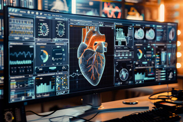 Futuristic medical technology display showing a 3D heart model with health monitoring graphs and data.
