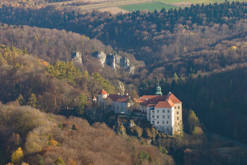 Aerial drone view of Pieskowa Skala Castle, ojcow national park, Poland. Historic castle Pieskowa Skala near Krakow in Poland. Aerial view in summer.