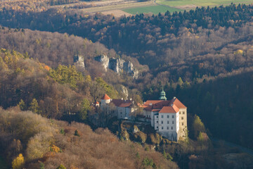Aerial drone view of Pieskowa Skala Castle, ojcow national park, Poland. Historic castle Pieskowa Skala near Krakow in Poland. Aerial view in summer.
