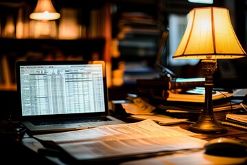 A warm and inviting home office setup with an open laptop showing spreadsheets, surrounded by documents under the cozy glow of a table lamp.